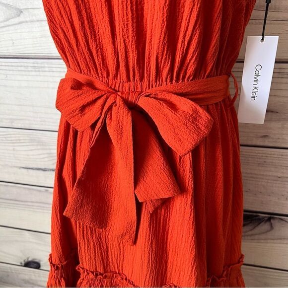 Calvin Klein Rust Orange-Red V Neck Sleeveless Ruffle Flare Dress - Picture 5 of 9